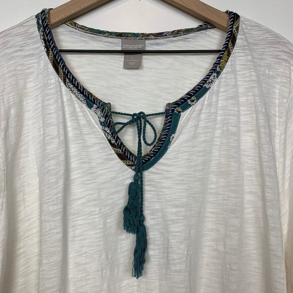 Chico's Tunic Top Size 4 3/4 Sleeve Tie Neck Tassel XXL Ecru Boho Cream Modal - Picture 15 of 15